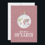 Peace on Earth Globe Ornament Mauve Holiday Card<br><div class="desc">Peace on Earth watercolor world globe ornament,  dusty rose mauve colour holiday card. Card features,  falling snow accents,  watercolor globe ornament and festive lettering. Template provides text lines for your family name on front with lines for your message,  names and year on back.</div>