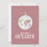 Peace on Earth Globe Ornament Mauve Holiday Card<br><div class="desc">Peace on Earth watercolor world globe ornament,  dusty rose mauve colour holiday card. Card features,  falling snow accents,  watercolor globe ornament and festive lettering. Template provides text lines for your family name on front with lines for your message,  names and year on back.</div>