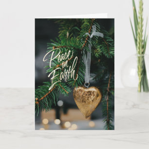 Peace on Earth Gold Heart Christmas Tree Ornament Card