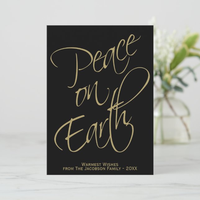 Peace on Earth Gold Script Minimal Black Photo Holiday Card (Standing Front)