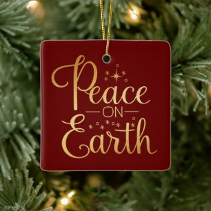 Peace on Earth Gold Script Red Holiday Ceramic Ornament