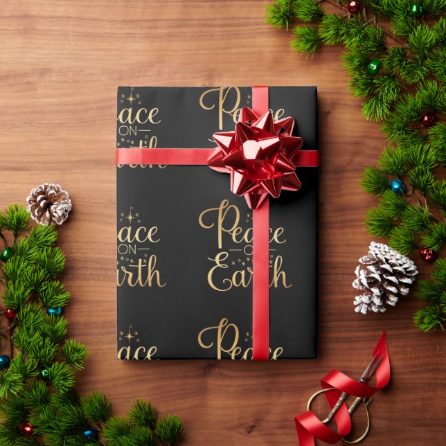 Peace on Earth Gold Typography Black Chic Holiday Wrapping Paper (Holiday Gift)