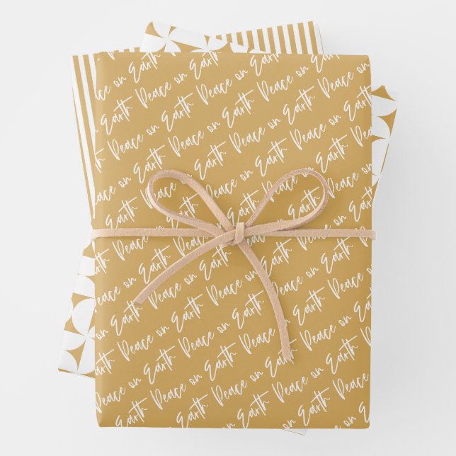 Peace on Earth Golden Christmas Wrapping Paper Sheet (In situ)