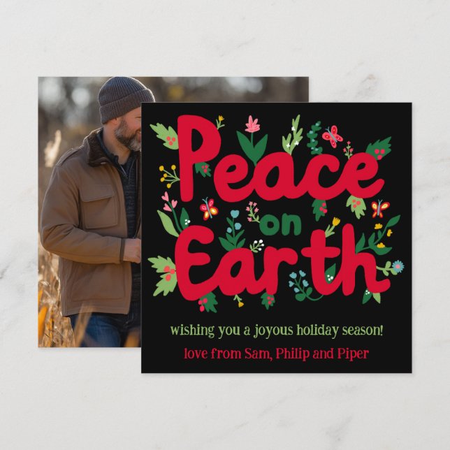 PEACE ON EARTH Hand-Drawn CUSTOM PHOTO  Holiday Card (Front/Back)