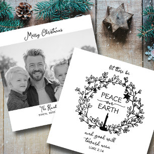 Peace on Earth Hand Drawn Wreath Photo Black White Holiday Card