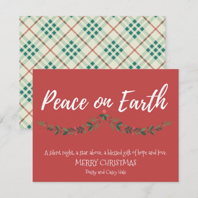 Peace on Earth Holly Red Plaid Holiday Card (Front/Back)