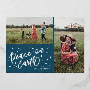 Peace on Earth Lettering Christmas 2 Photo Silver Foil Holiday Card