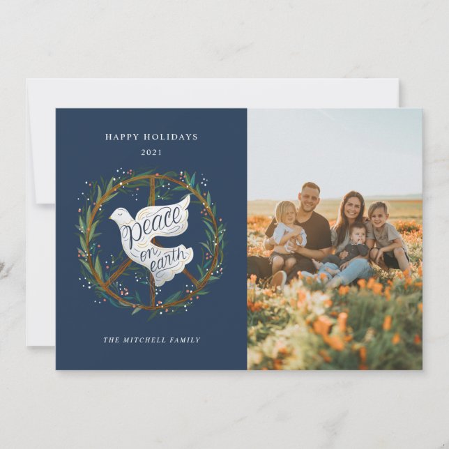 Peace on Earth Lettering Dove Peace Sign Photo Holiday Card (Front)