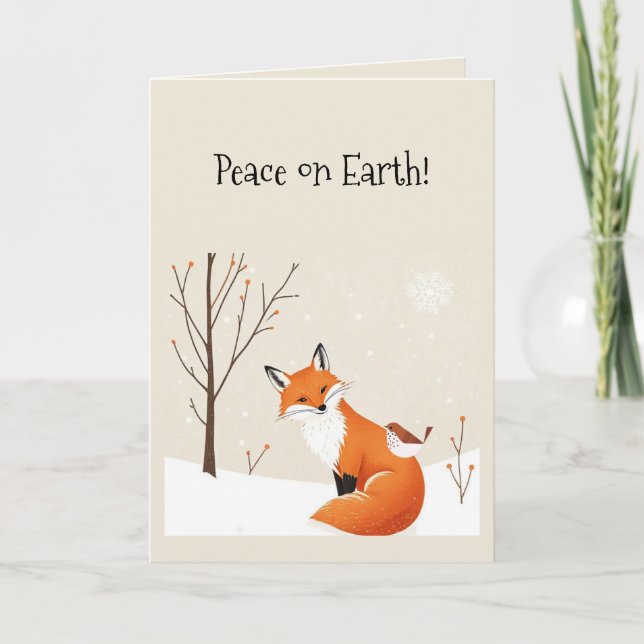 Peace on Earth Minimalist Fox Bird Cute Animal   Card (Front)