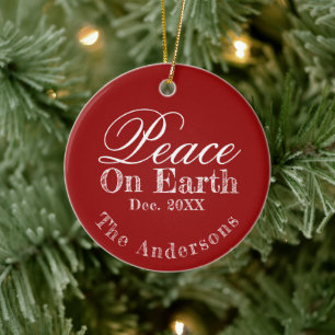 Peace On Earth Minimalist Script Christmas Red  Ceramic Ornament
