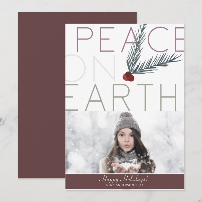 PEACE ON EARTH Modern Clean Minimal Holiday Photo Invitation (Front/Back)