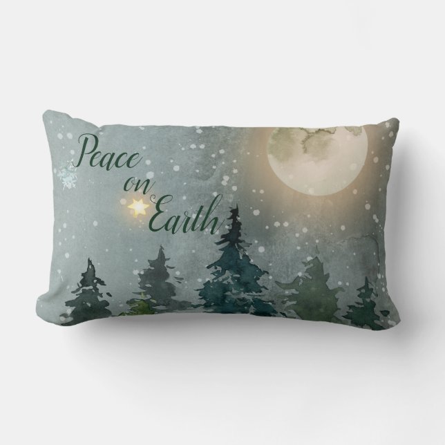 Peace on Earth Modern Watercolor Christmas Holiday Lumbar Pillow (Front)