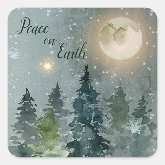 Peace on Earth Modern Watercolor Christmas Holiday Square Sticker (Front)