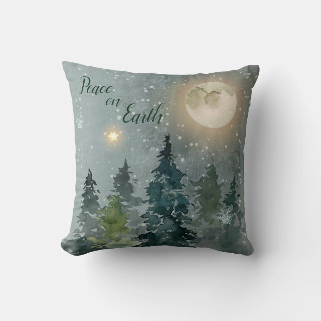 Peace on Earth Modern Watercolor Christmas Holiday Throw Pillow (Front)