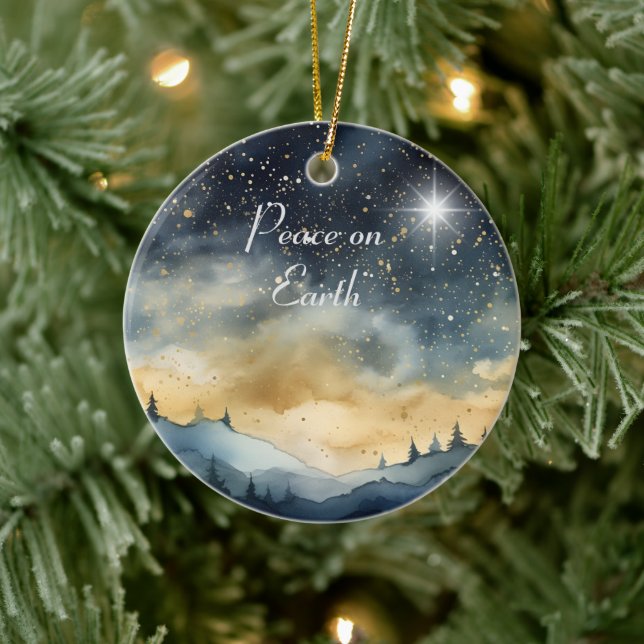 Peace on Earth Mountain Sky Star Family Name  Ceramic Ornament (Tree)