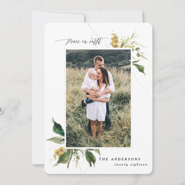 Peace on earth painted floral photo holiday card (Front)