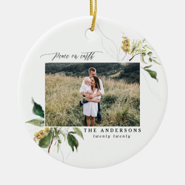 Peace on earth painted floral photo holiday ceramic ornament (Front)