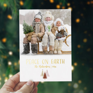 Peace On Earth Photo Elegant Christmas Gold Script Foil Holiday Card