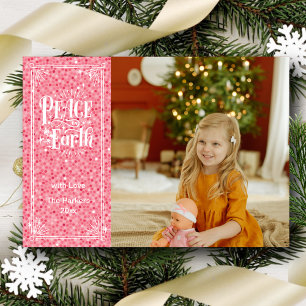 Peace on Earth Pink Glitter Elegant Script Modern Holiday Card