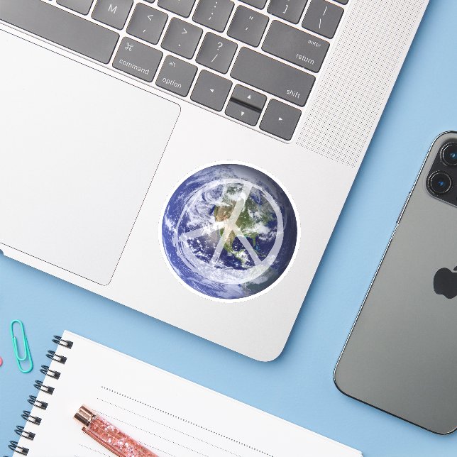 PEACE on Earth Planet in Space Peace Symbol Sign   (Laptop w/ iPhone)