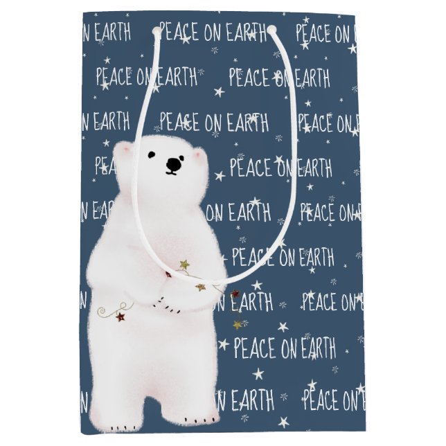 PEACE ON EARTH Polar Bear On Stars Medium Gift Bag (Front)