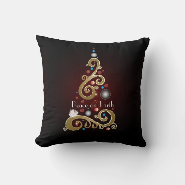 Peace on Earth quote with gold Christmas tree Throw Pillow (Front)