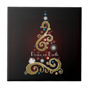 Peace on Earth quote with gold Christmas tree Tile