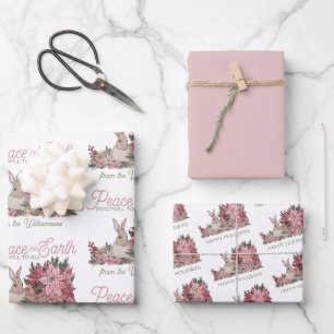 Peace on Earth Rabbit in Flowers Christmas Wrappin Wrapping Paper Sheet