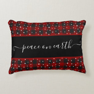 Peace on earth Red and black plaid with stars  Accent Pillow