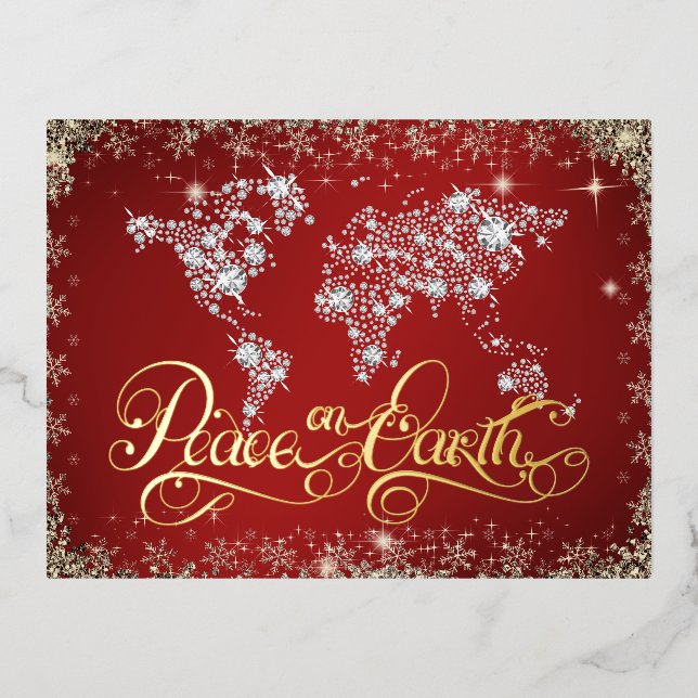 Peace on Earth Red and Diamonds  Foil Holiday Postcard (Front)
