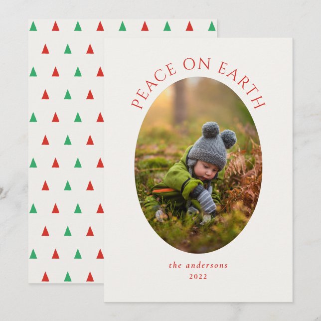 Peace on Earth Red Green Cameo Photo Holiday Card (Front/Back)