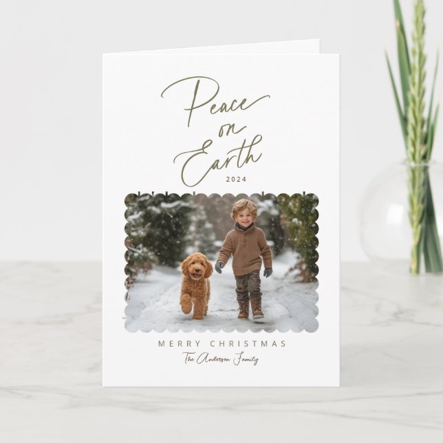 Peace on Earth Script Modern Minimalist Photo Holiday Card (Front)