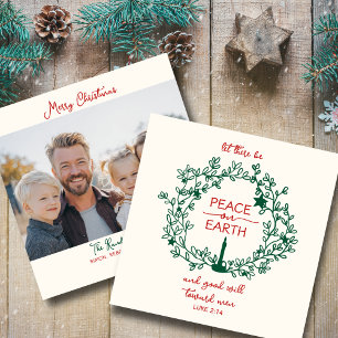 Peace on Earth Scripture Hand Drawn Wreath Photo  Holiday Card