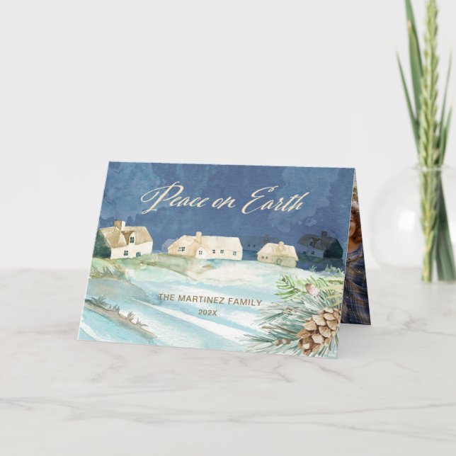 Peace on Earth Snow Covered Village Photo Holiday Card (Front)
