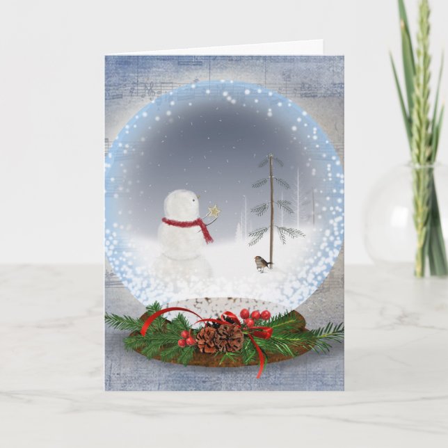 Peace On Earth Snow Globe with snowman Holiday Card (Front)