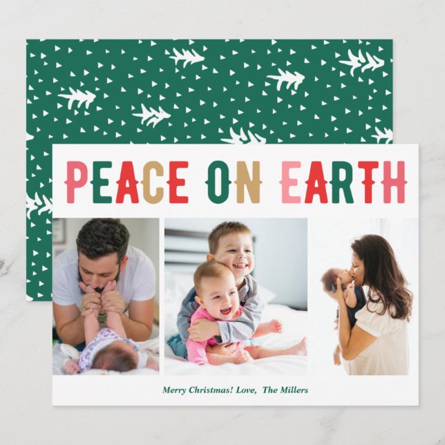 Peace on Earth Three Photo Family Modern Christmas Holiday Card (Front/Back)