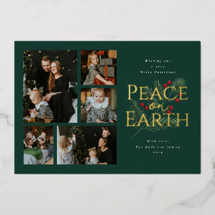 Peace on Earth Watercolor Greenery Gold Foil Holiday Card