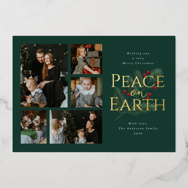 Peace on Earth Watercolor Greenery Gold Foil Holiday Card (Front)