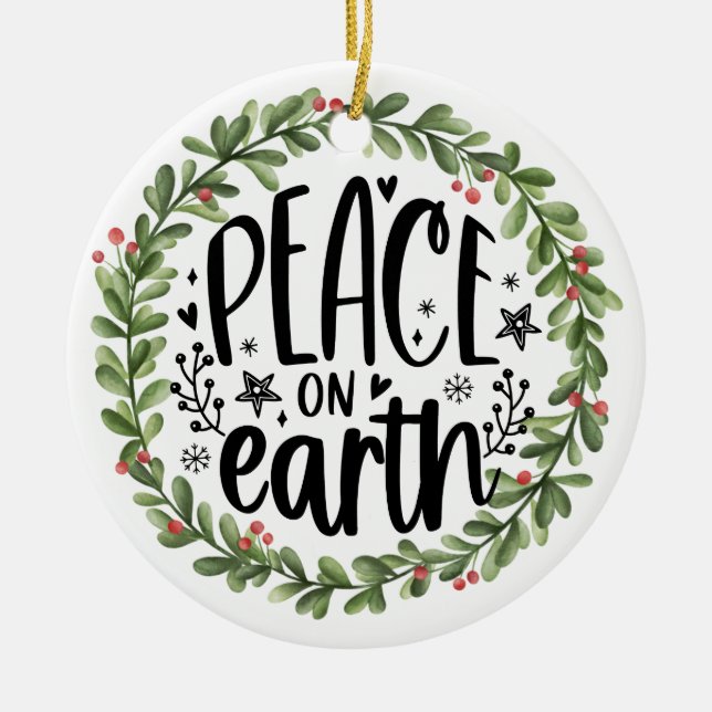 Peace on Earth Watercolor Wreath Ceramic Ornament (Front)