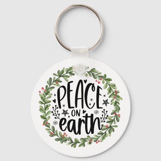 Peace on Earth Watercolor Wreath Keychain (Front)