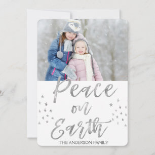 Peace on Earth White and Silver Watercolor Photo Holiday Card