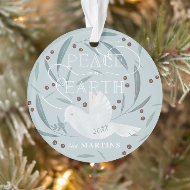 Peace on Earth White Dove Light Blue Holiday Photo Ornament (Tree)