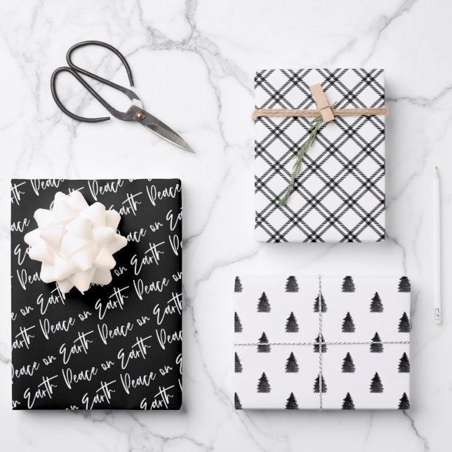 Peace on Earth Winter Black Patterns Wrapping Paper Sheet (Front)