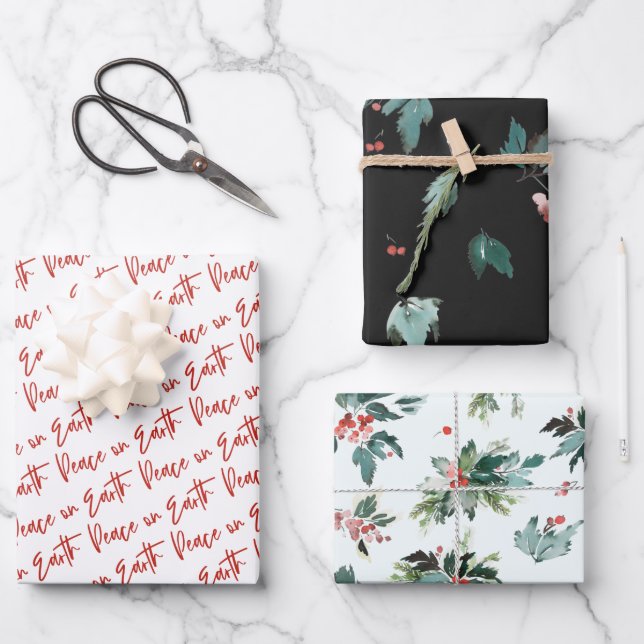 Peace on Earth Winter Botanical Berry Patterns Wrapping Paper Sheet (Front)