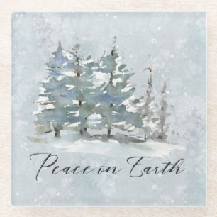 Peace on Earth Winter Snow Scene Glass Coaster