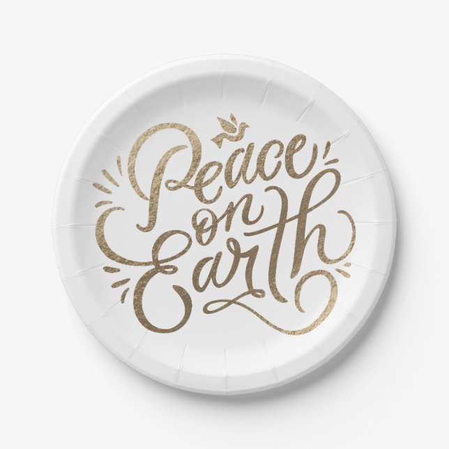 Peace on Earth with dove faux-gold modern script Paper Plate (Front)