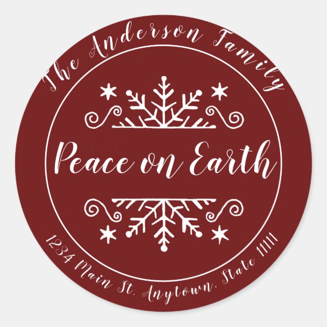 Peace on earth with snowflake personalized classic round sticker (Front)