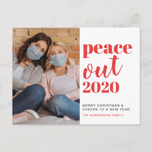 Peace Out 2020 Photo Red Modern Christmas New Year Holiday Postcard (Front)