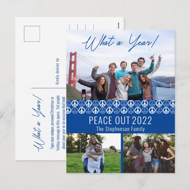 Peace Out 2023 What A Year 3 Photo Collage - Blue Holiday Postcard (Front/Back)