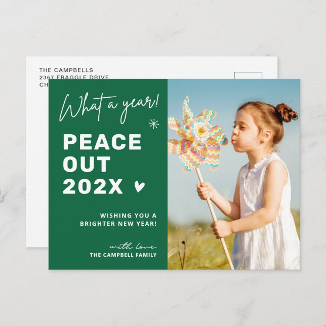 Peace Out 2024 Modern Typography Script Photo Holiday Postcard (Front/Back)